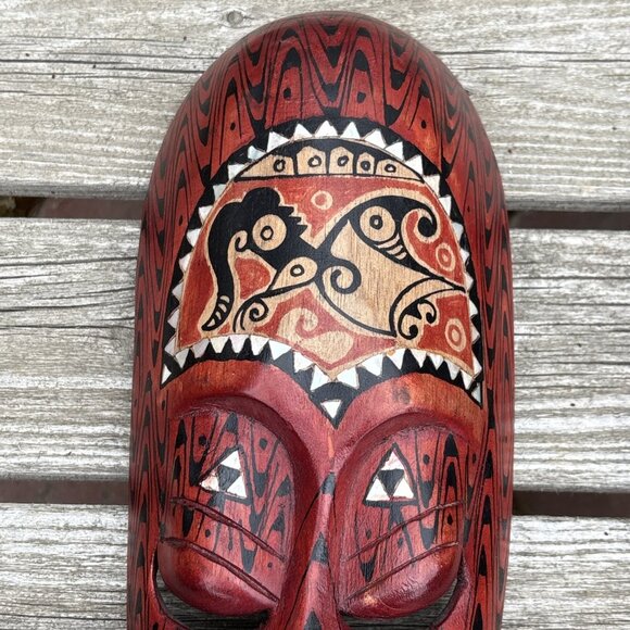 Vintage Indonesian Wood Mask Lot Hand Carved Tribal Art Painted Face Green Red - Picture 2 of 7